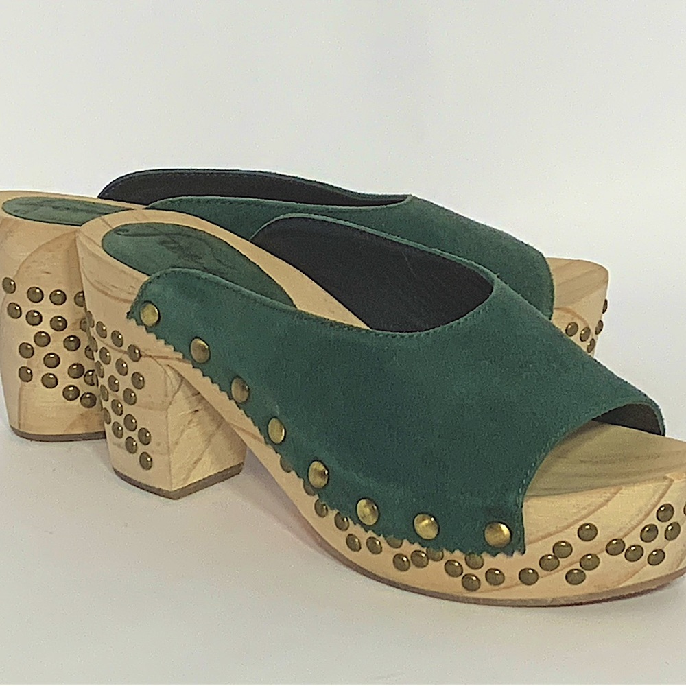 Free People Green Suede & Wood Clog/Slip Ons, Hunter Green, Gold Nailhead Trim